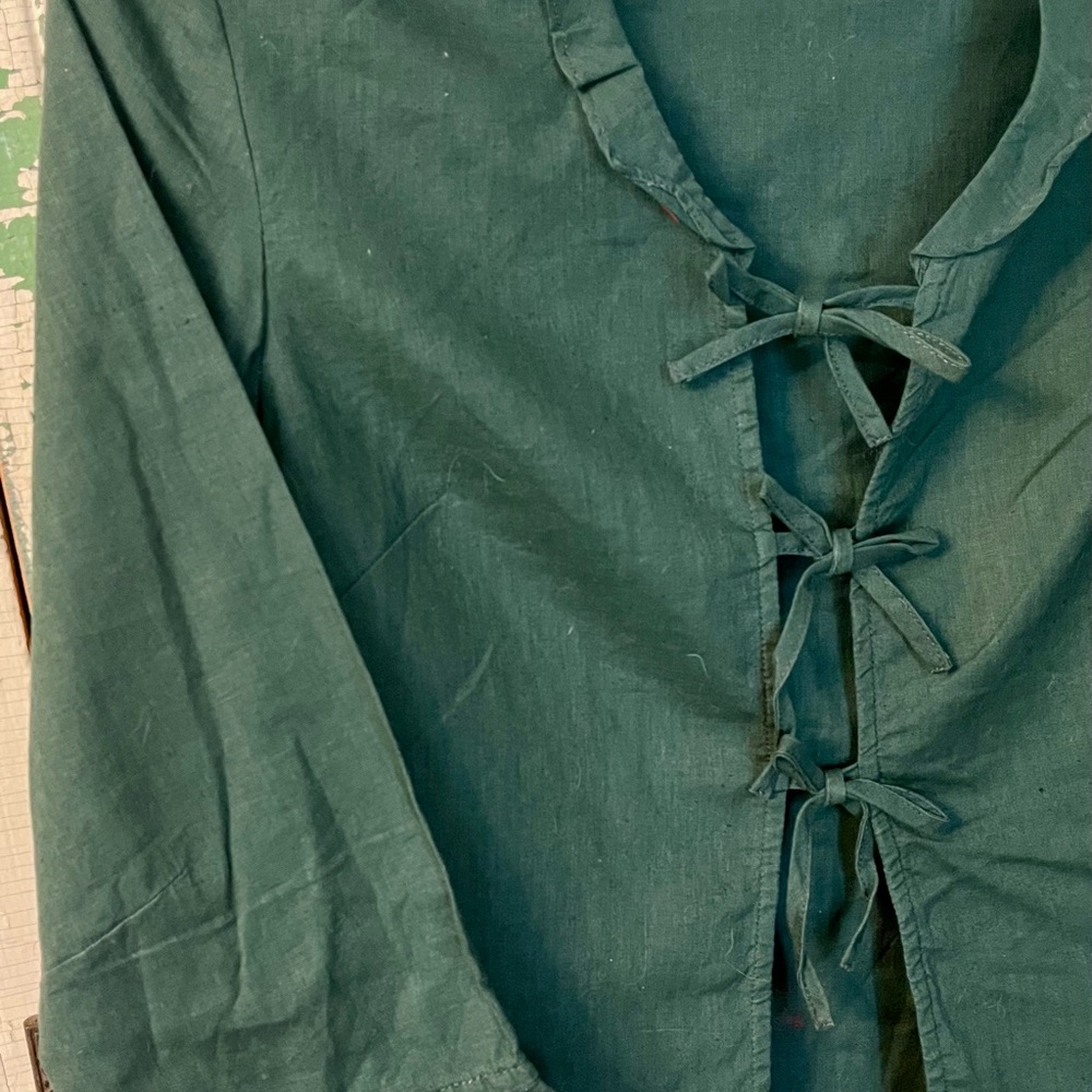 Green Lace-Up Top Blouse Linen Blend size 4 XS/ S